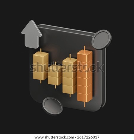 3D candlestick chart with metallic arrows and coins, illustrating a rising market trend. Suitable for finance, investment, and stock trading visual themes.
