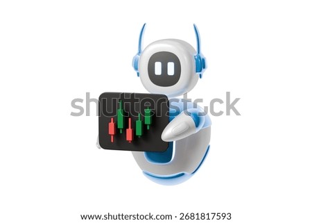 3d candlestick trading chart icon. cute ai robot holding black panel with green red candles for stock crypto forex analytics, isolated on white. 3d render.