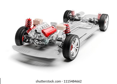 3d car chassis with motor, wheels and suspension, on white background