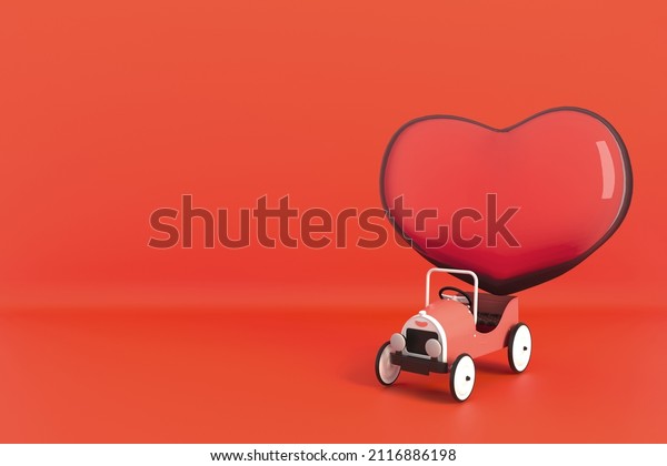 3d car
with hearts for valentine with red
background