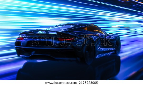 3D Car
Model: Sports Car Driving at on a Road on High Speed, Racing
Through the Colorful Tunnel With Lights Reflecting Everywhere. Dark
Supercar Driving Fast on Highway. VFX on
Image.