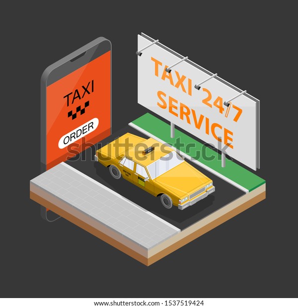 3D car route navigation smartphone, phone\
yellow taxi 24/7 service application draw schema isometric GPS\
navigation tablet, destination arrow isometry phone banner. Route\
isometric taxi car check\
pin