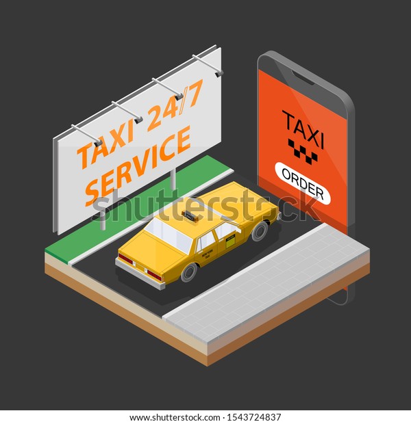 3D car route navigation smartphone, phone\
yellow taxi 24/7 service application draw schema isometric GPS\
navigation tablet, destination arrow isometry phone banner. Route\
isometric taxi car check\
pin