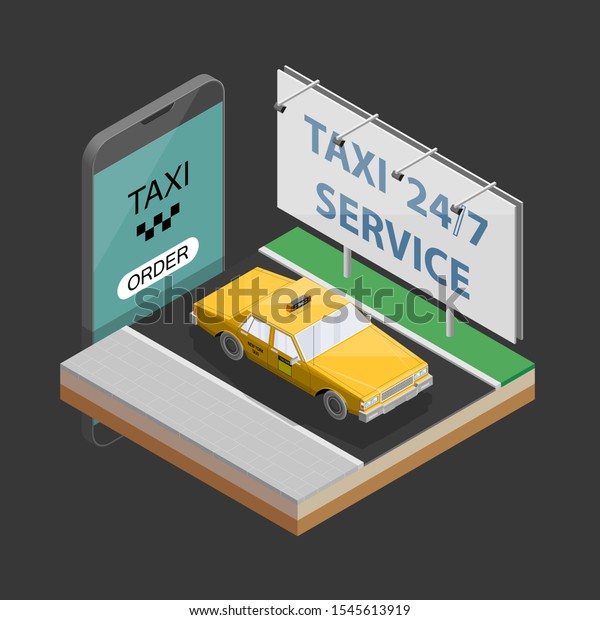 3D car route navigation smartphone, phone yellow taxi\
24/7 service flat drawing schema isometric GPS navigation tablet,\
destination arrow isometry phone banner. Route isometric taxi car\
check pin