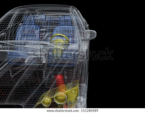 3d car wire frame.\
High detailed render