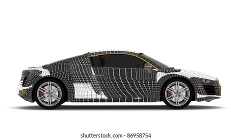 3d car wire model on a white background