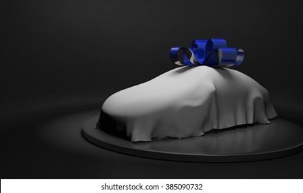 3D Car Wrapped Under A White Sheet And Shiny Blue Bow