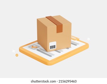 3D Cardboard Box And Clipboard With Receipt. Fast Delivery Concept From Online Store. Return Parcel To Courier. Confirmed Order. Cartoon Creative Design Icon Isolated On White Background. 3D Rendering