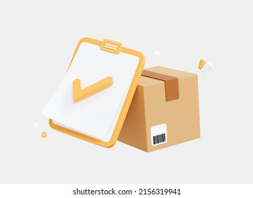 3D Cardboard Box And Clipboard With Tick. Confirmed Order Delivery Concept. Return Parcel To Courier. Shipment Checklist. Cartoon Creative Design Icon Isolated On White Background. 3D Rendering