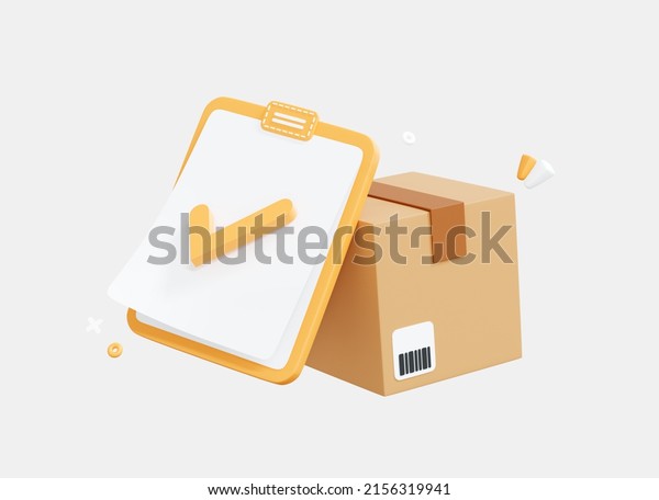 3D Cardboard box and clipboard with tick.\
Confirmed order delivery concept. Return parcel to courier.\
Shipment checklist. Cartoon creative design icon isolated on white\
background. 3D\
Rendering