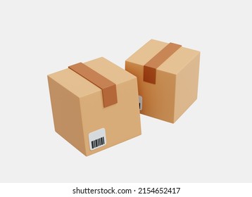 3D Cardboard Box Or Delivery Package. Shipping Logistic And Delivery Concept. Cargo Box With Barcode. International Postal Parcels. Cartoon Creative Design Isolated On White Background. 3D Rendering