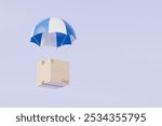 3d Cardboard box with flying parachute icon. Minimal Parcel box or shipment package with hot air balloon. Cargo delivery service, Online Shopping concept on isolated blue purple background. 3d render.