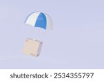 3d Cardboard box with flying parachute icon. Minimal Parcel box or shipment package with hot air balloon. Cargo delivery service, Online Shopping concept on isolated blue purple background. 3d render.