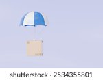 3d Cardboard box with flying parachute icon. Minimal Parcel box or shipment package with hot air balloon. Cargo delivery service, Online Shopping concept on isolated blue purple background. 3d render.