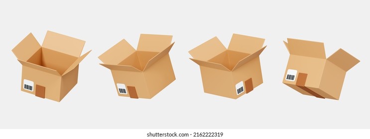 3D Cardboard Open Box Collection Icon Set. Floating Delivery Cargo Box With Barcode. Animation Rotation. Shipping Concept. Cartoon Creative Design Icon Isolated On White Background. 3D Rendering