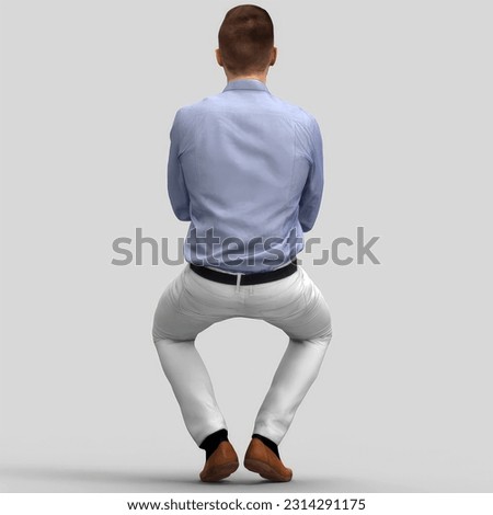 3d carefully rendered human model in static pose of a handsome young white businessman office business man sitting giving confident face wearing light blue casual shirt, jeans and leather shoes