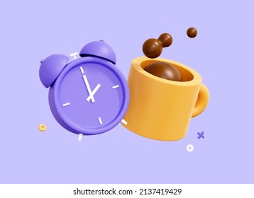 3D Cartoon Alarm Clock And Coffee Cup. Good Morning Concept. Lunch Time. Coffee Break At The Office. Creative Design Isolated On Purple Background. Realistic Elements. 3D Rendering