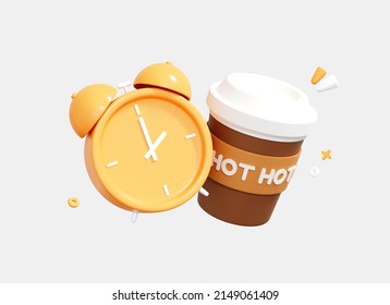 3D Cartoon Alarm Clock And Coffee Paper Cup. Good Morning Concept. Lunch Time. Coffee Break At The Office. Takeaway Hot Tea. Creative Realistic Icon Design Isolated On White Background. 3D Rendering