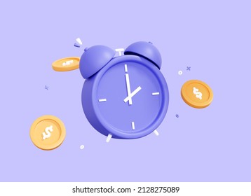 3D Cartoon Alarm Clock and Coins. Time is money concept. Tax time reminder. Business investments, earnings and financial savings. Fast money. Quick Loan. 3D Rendering