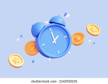 3D Cartoon Alarm Clock and Coins. Time is money concept. Tax time reminder. Business investments, earnings and financial savings. Fast money. Quick Loan. Creative design illustration. 3D Rendering