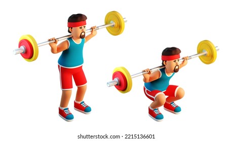 3d Cartoon Athlete Barbell Back Squat. 3d Render.