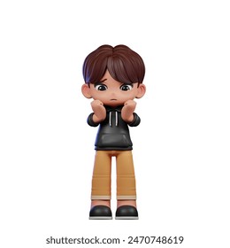 3d Cartoon Boy with Brown Hair and Black Jacket Worried Pose - Powered by Shutterstock