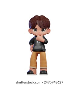 3d Cartoon Boy with Brown Hair and Black Jacket Curious Pose - Powered by Shutterstock