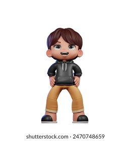 3d Cartoon Boy with Brown Hair and Black Jacket Standing Laugh Pose - Powered by Shutterstock