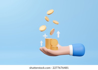 3D cartoon businessman hand hold stack coin with growth arrow on blue background, finance strategy and money management concept. Investment ideas and business growth. 3d rendering illustration - Powered by Shutterstock