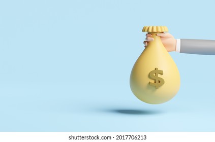 3d Cartoon Businessman Hands Holding Money Bag Isolated On Blue Background. Quick Credit Approval Or Loan Approval Concept, 3d Render Illustration 