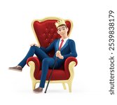 3d cartoon businessman sitting in throne, illustration isolated on white background