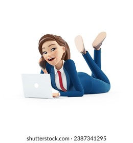 3d cartoon businesswoman lying down on floor with phone and laptop, illustration isolated on white background - Powered by Shutterstock