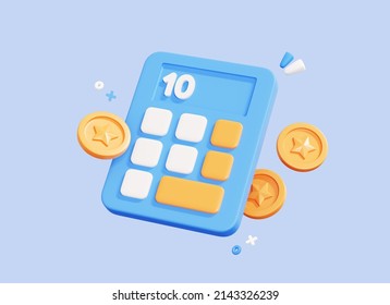 3D Cartoon Calculator With Floating Coin. Budget Management Concept. Financial Calculation Of Money. Tax Time. Creative Design Icon Isolated On Blue Background. 3D Rendering