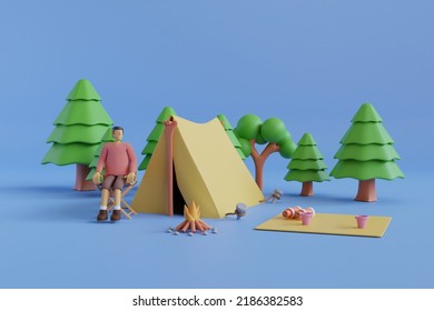 3D Cartoon Campfire And Tents In The Pine Forest. 3d Illustration Of Low-poly Geometric Fir Trees And A Tent Near The Campfire And Hiking Kettle.
