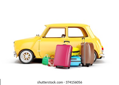 3d Cartoon Car And Luggage, Travel Concept