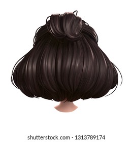 3d Cartoon Character Attractive Brunette Girl With Retro Hairstyle. Fashion Young Woman Haircut With Short Brown Hair. Half Ponytail Hairstyle. Closeup Rear View. 3D Rendering On White Background.