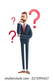 3d cartoon character businessman with question mark on white background