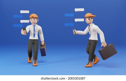 3D cartoon character businessman using smartphone while walking isolate blue background - 3D render - Powered by Shutterstock