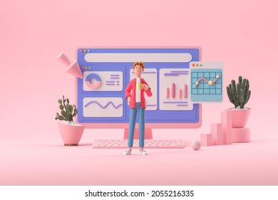3d Cartoon character and Computer with open pages, web analytics, SEO Optimization, dashboard and business finance report, 3d rendering illustration.