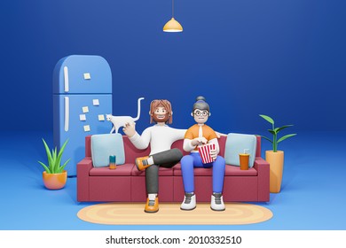 3D cartoon character couple sitting watching a movie want to have fun at home - 3D render