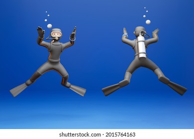 3D cartoon character diver isolate blue background, Diving equipment - 3D render - Powered by Shutterstock