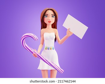 3d cartoon character holding a large lollipop. Woman with a cane lollipop and an empty sign with a place for text
