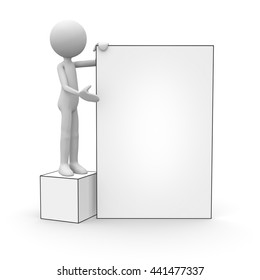 3D Cartoon Character - Little Guy Holding a Vertical White Board - Black and White Rendering Isolated on White Background.