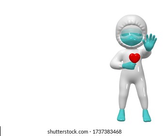 3D Cartoon Character Man Doctor In Protective PPE Suit, Blue Medical Mask, Goggles, Gloves Showing Gesture Stop Holds Heart.  Stop COVID-19, Epidemic Infectious Disease Concept Art. 3D Render