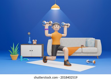 3D cartoon character Man doing exercise with dumbbells in private room, cardio exercise, fitness exercise - 3D rendering