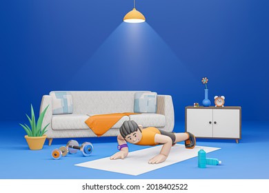3D cartoon character man doing exercise with push-ups in a private room, cardio exercise, fitness exercise - 3D rendering
