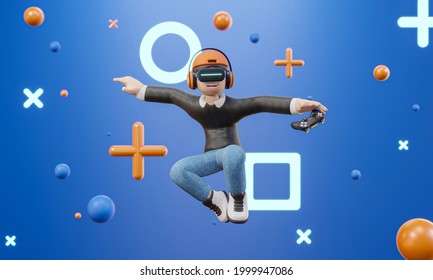 3D cartoon character man wearing virtual reality glasses and floating in the air playing a video game isolate blue background, video game, virtual world, Metaverse, Into the future - 3D render