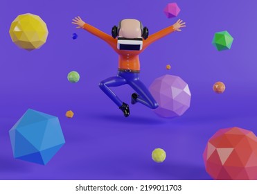 3D Cartoon Character Old Man Wearing Virtual Reality Glasses And Floating In The Air Isolate Blue Background, Video Game, Virtual World, Metaverse, Into The Future - 3D Render