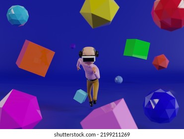 3D Cartoon Character Old Man Wearing Virtual Reality Glasses And Floating In The Air Isolate Blue Background, Video Game, Virtual World, Metaverse, Into The Future - 3D Render