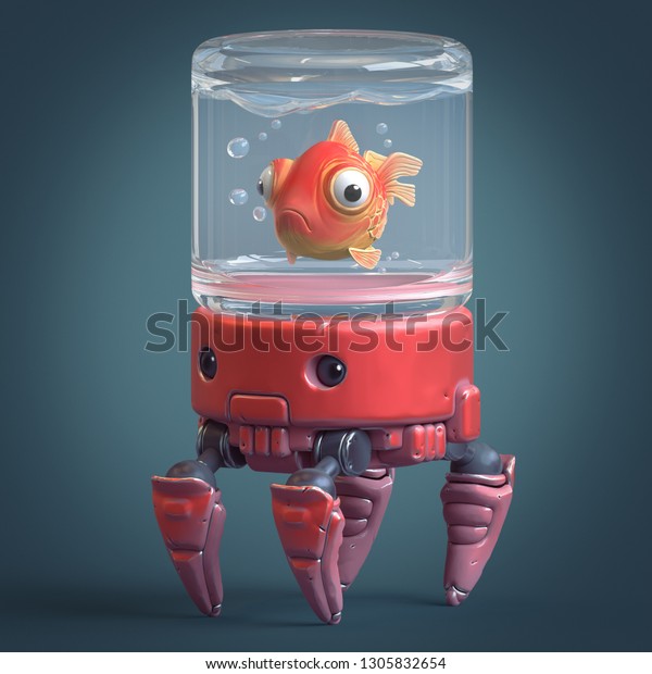 頭に水族館を持つ赤いカニロボットの3d漫画のキャラクター ガsラスの瓶の中で金魚が泳ぐ 大きな爪とかわいい目を持つ 様式化したカニのイラスト 青の背景に3dレンダリング のイラスト素材